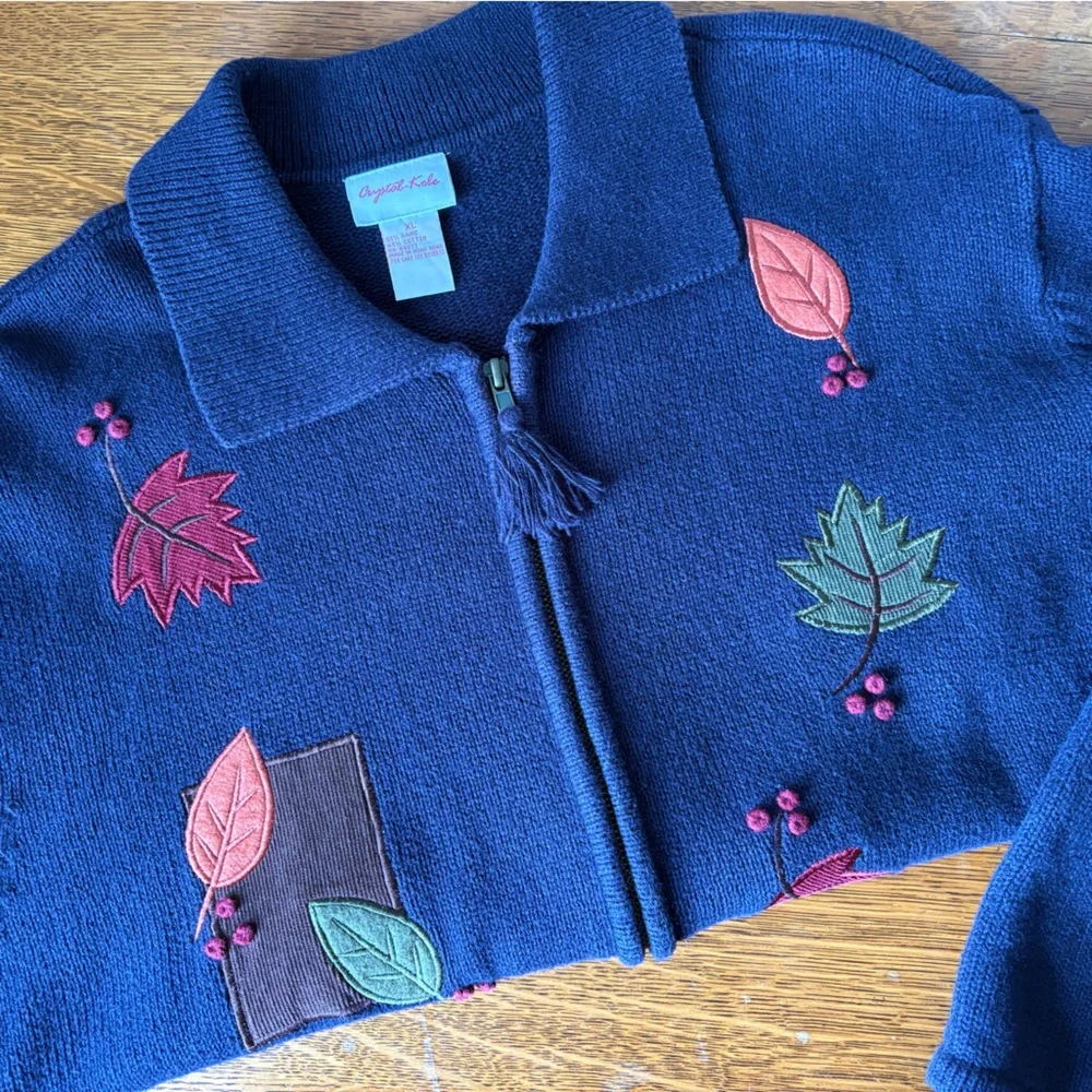 Vintage Crystal-Kobe Navy Full Zip Cardigan Leaf Fall Embroidery Collared Comfy